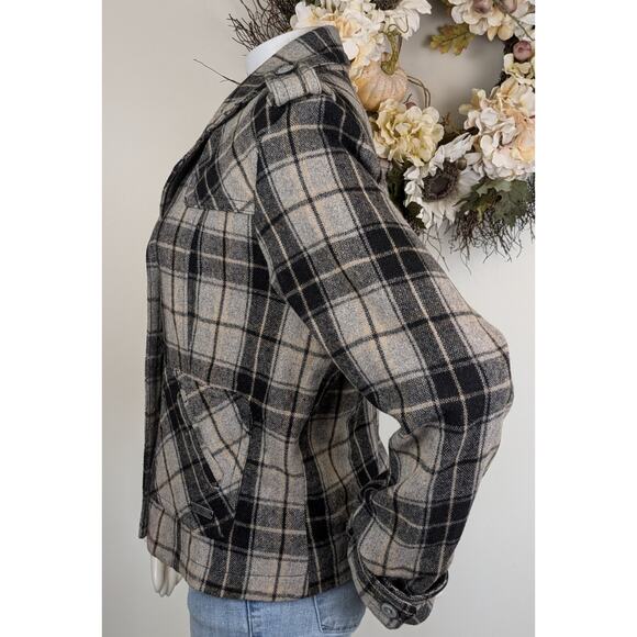 Rough Hewn Wool Blend Plaid Button Jacket XL Short Moto Peacoat Black Gray Tan - Picture 4 of 13